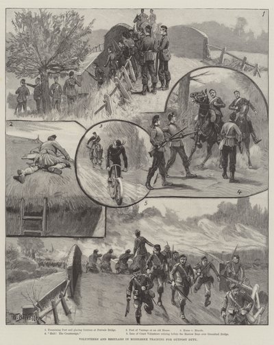 Vrijwilligers en Regulars in Middlesex Oefenen voor Buitenpostdienst door William Barnes Wollen